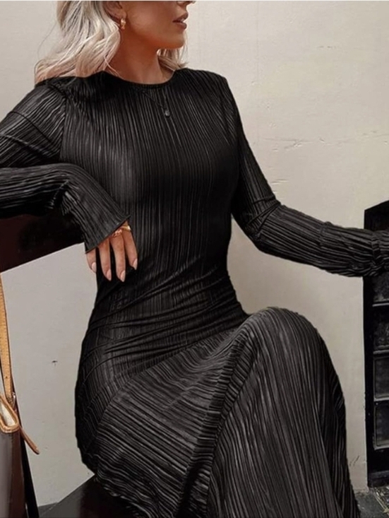 None Dresses & Skirts - Annystore Black Pleated Long Sleeve Maxi Dress Large